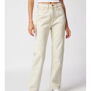 size 27, cream, high waisted cowboy jean from urban outfitters.